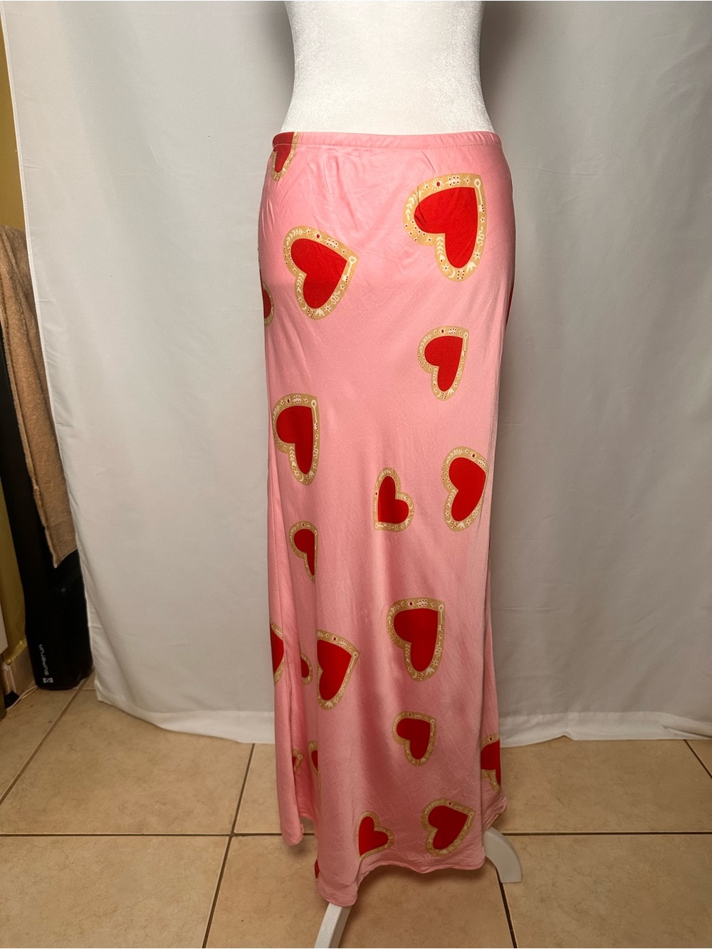 Never Fully Dressed Pink Maxi Skirt with Red Heart Motif